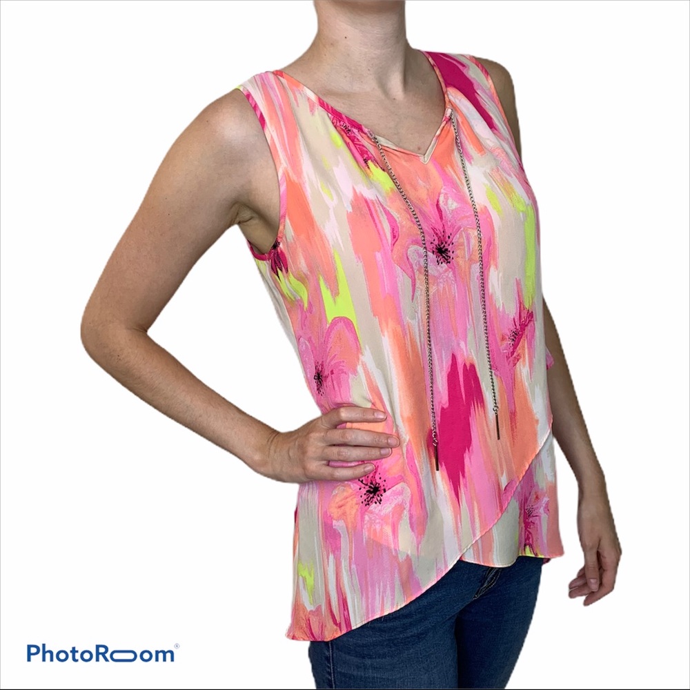 Zac & Rachel Women’s Pink Floral Pastel Sleeveless Summer Chiffon  Top Blouse
